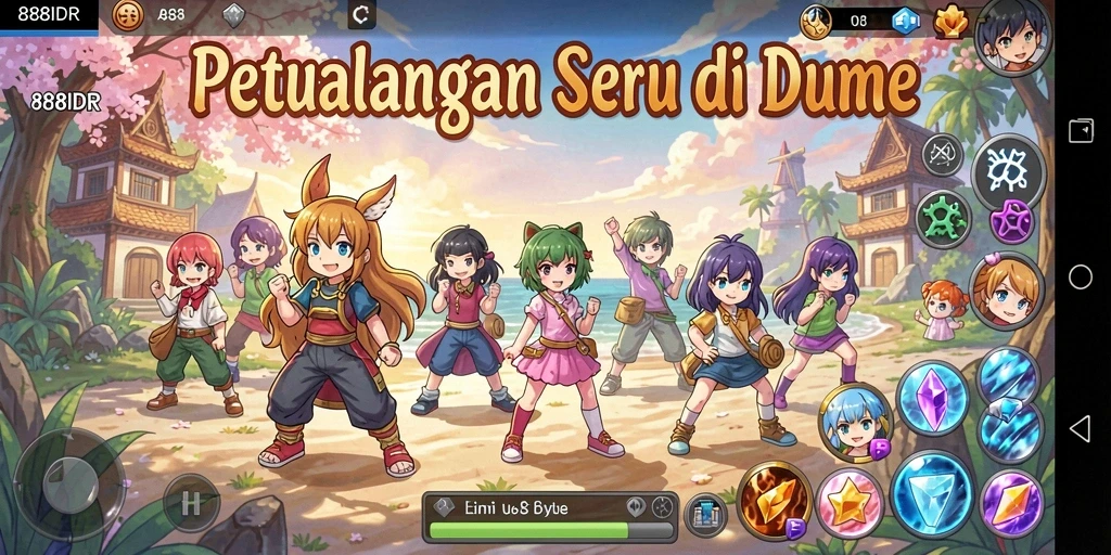 Screenshot gameplay 888IDR dengan karakter anime dan petualangan seru.
