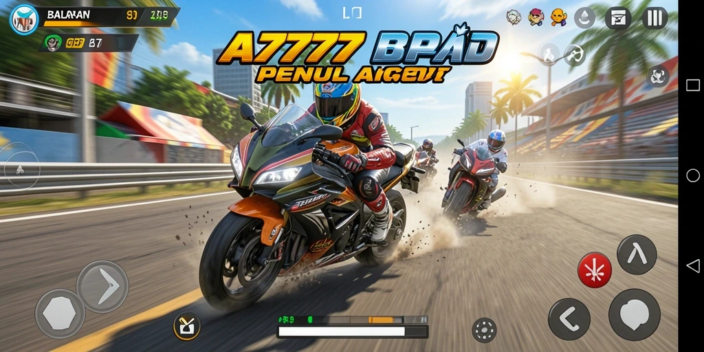 Screenshot utama A7777 menampilkan aksi balapan motor yang mendebarkan.