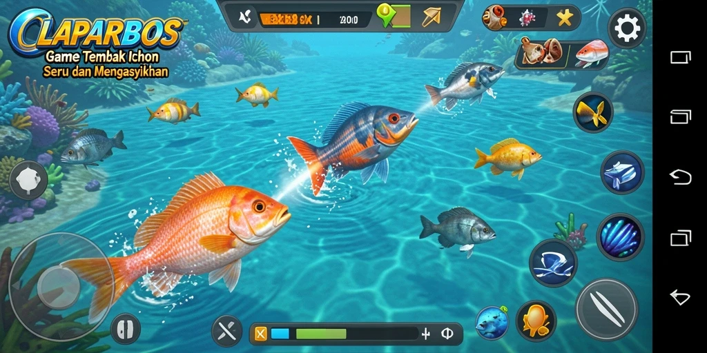 Tampilan gameplay LAPARBOS saat menangkap ikan dengan senjata.