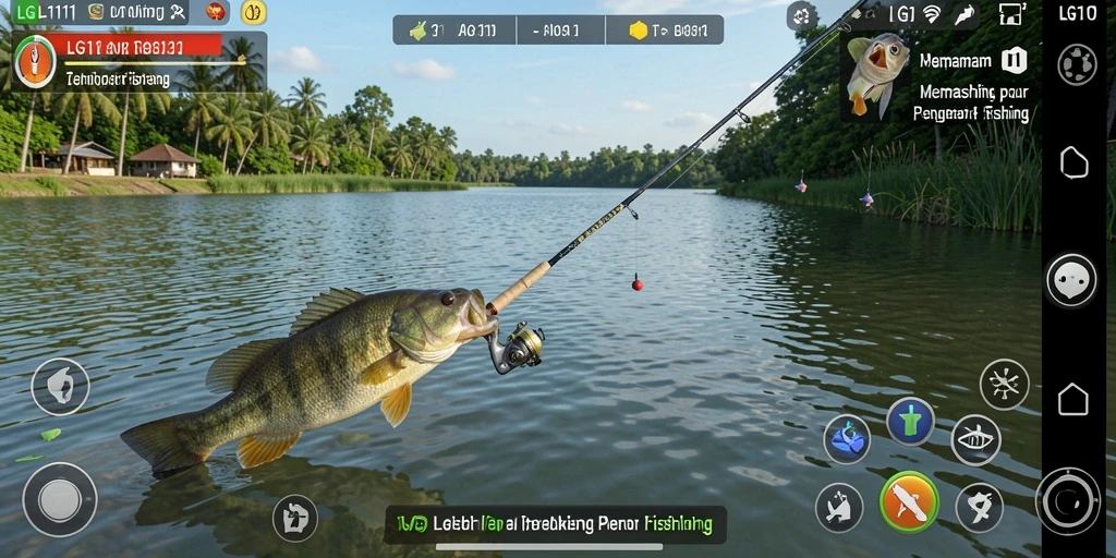 Screenshot menunjukkan pemain menangkap ikan besar di laut.