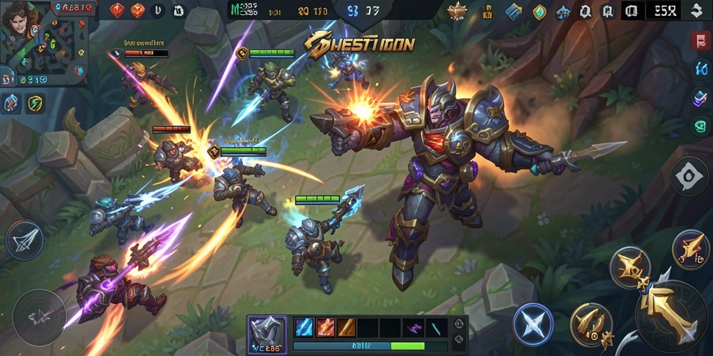 Screenshot gameplay ME355 menampilkan aksi pertempuran MOBA yang intens.