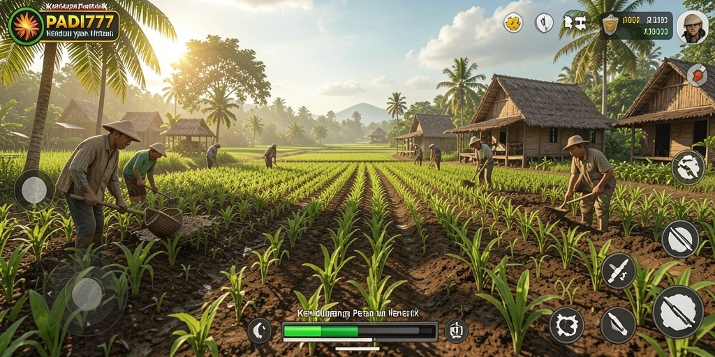 Screenshot gameplay PADI777 dengan petani sedang merawat tanaman.