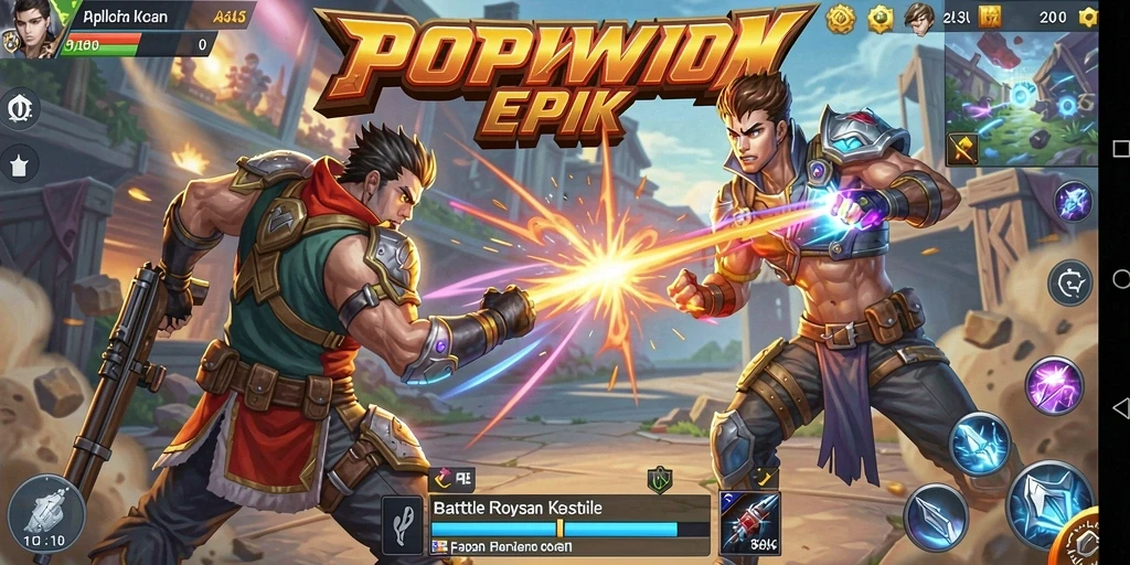 Tampilan gameplay <strong>POPWIN</strong> dengan adegan pertempuran mendebarkan di arena Battle Royale.