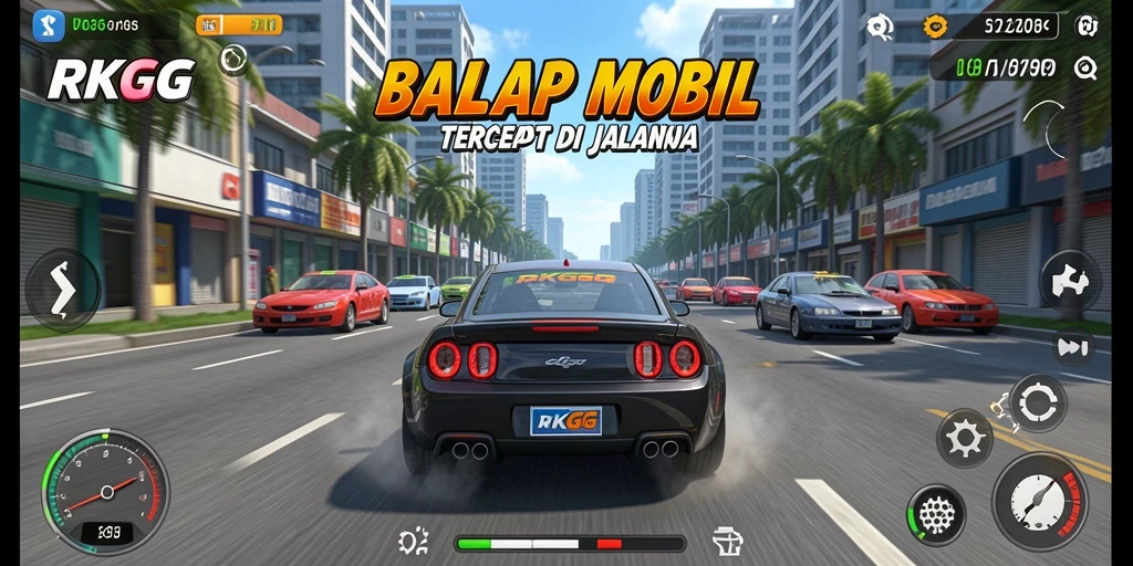 Screenshot gameplay RKGG yang menampilkan adu kecepatan balap mobil.