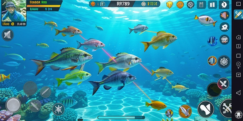 Tampilan seru gameplay Tembak Ikan RR789 dengan berbagai ikan.